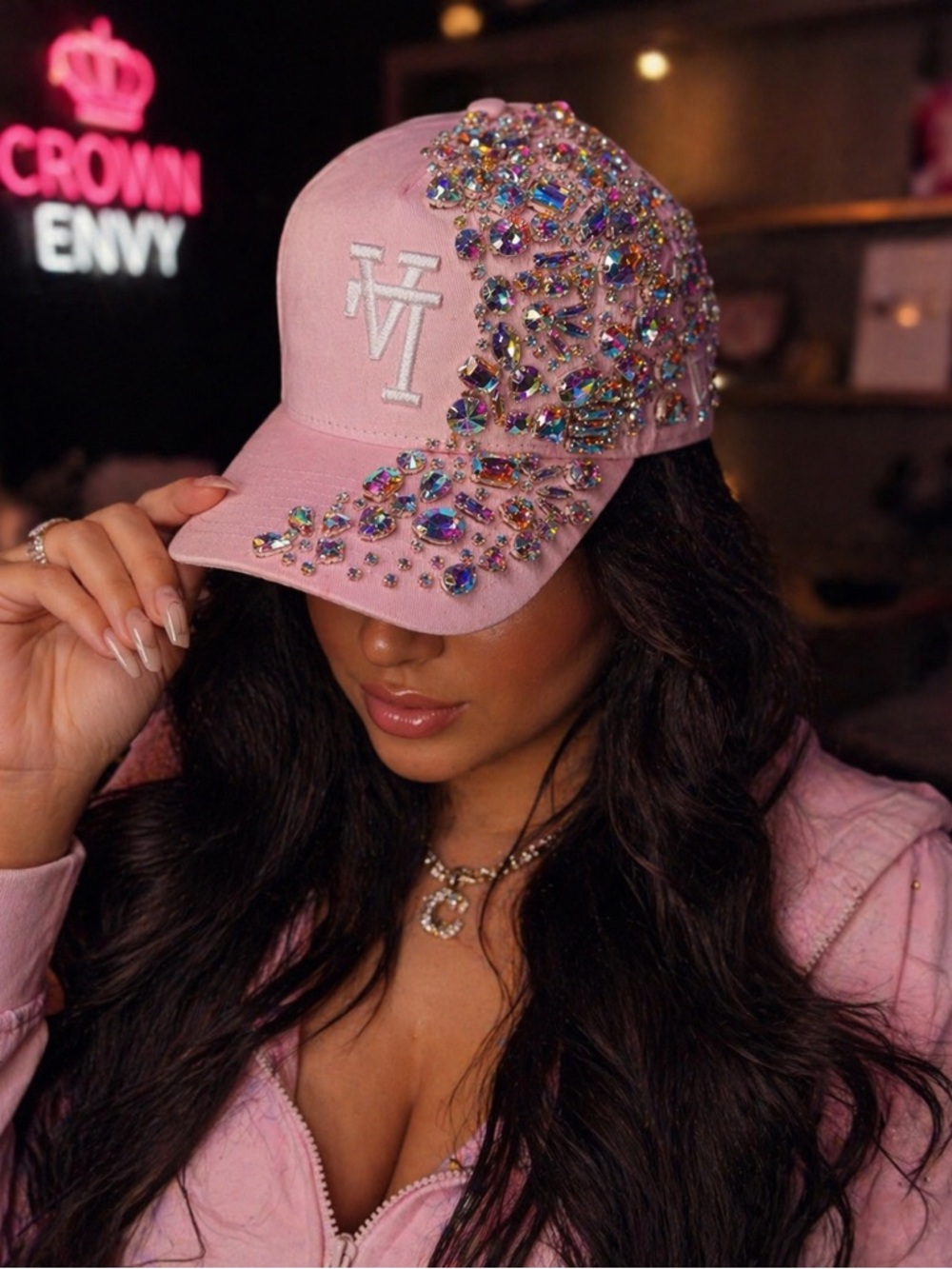 Crown Envy Blush Pink Crystal Embellished Cap | Handmade Statement Hat